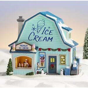 Christmas Village Ice Cream Shop Blue Barn St Nicholas Square 2022 w/ Box Light